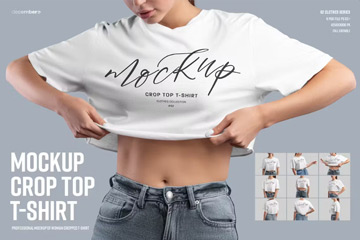 9款女士超短露脐夏装T恤短袖半袖上衣印花图案设计样机展示效果图9 Mockups Crop Top Woman T-shirt