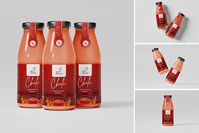 8款果酱果汁透明玻璃瓶贴纸设计展示贴图样机PSD模板 Sauce Bottle Mockup