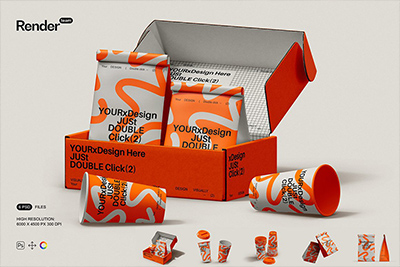 6款咖啡品牌VI外卖纸杯包装袋纸盒包装设计样机PSD