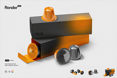 咖啡胶囊样机套装包装盒纸盒设计展示效果图PS贴图样机模板素材