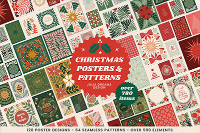 复古圣诞节新年主题花卉植物装饰海报无缝隙图案AI矢量设计素材 Christmas Posters Patterns Bundle
