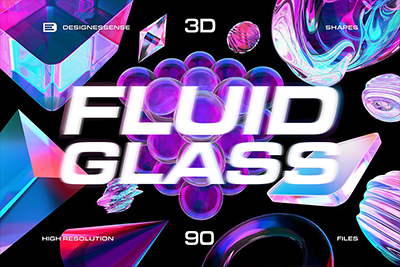 90款全息渐变透明多彩玻璃水晶3D流体抽象几何PNG素材 Fluid Glass 3D Shapes