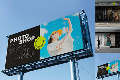 3款街道城市都市店铺商场巨型广告牌横幅海报宣传PSD设计展示样机