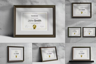 6款横向荣誉证书奖状艺术品设计展示PSD木质相框样机模板