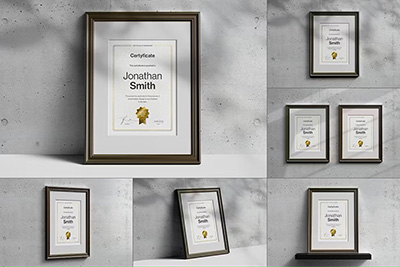 A4荣誉证书奖状照片展示木质相框样机模板PSD素材