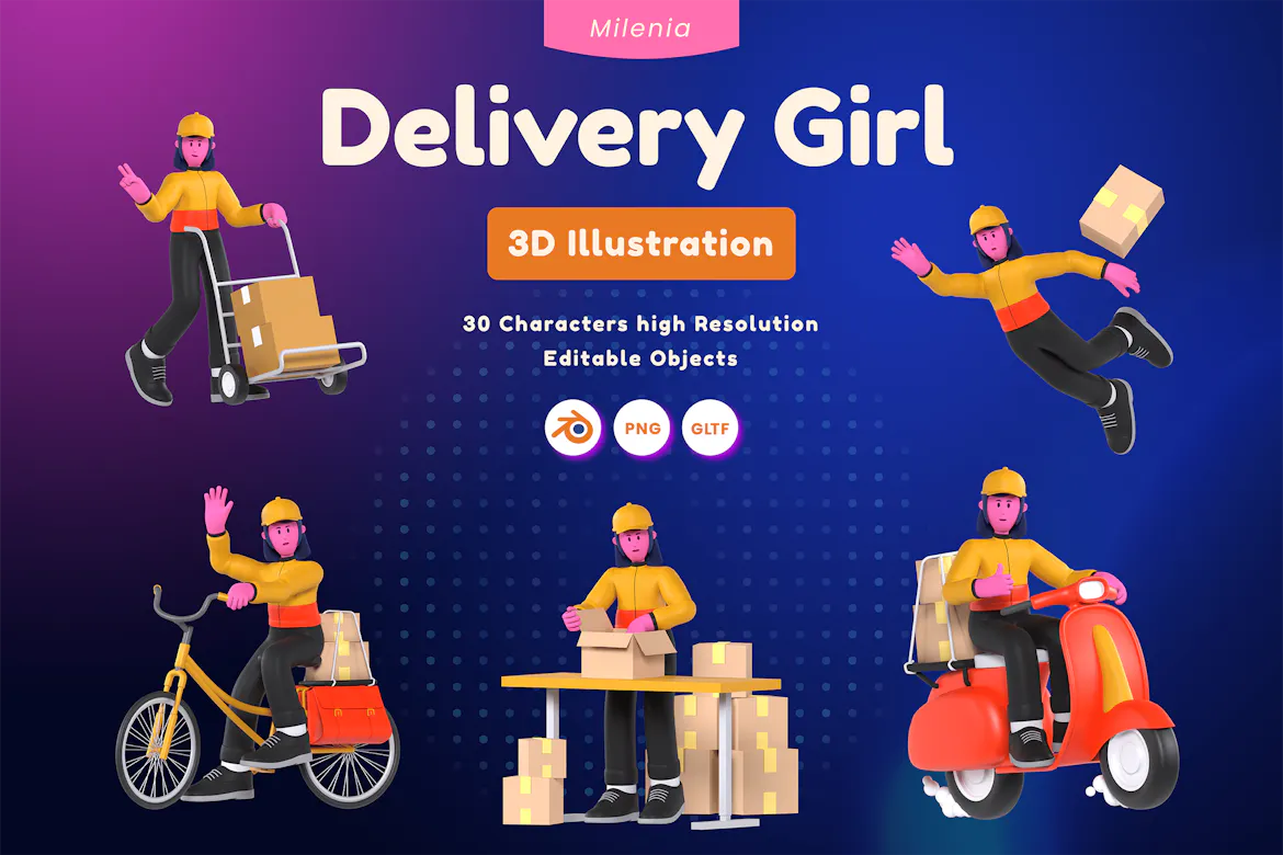 30个创意卡通女性快递外卖送货员3D图标Icons插图Blender模型&PNG素材 Delivery Girl 3D Illustration