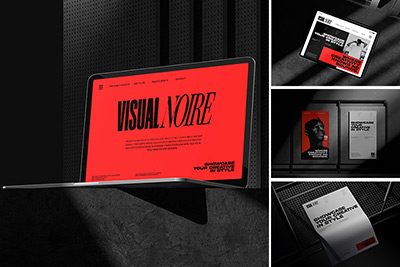 16款工业风品牌VI设计苹果设备电商详情平面海报设计展示效果图PSD样机模板 Visual Noire – Dark Style Branding Mockup Bundle