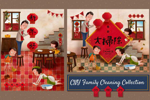 2024龙年中国春节腊月23扫房日家庭大扫除海报AI矢量手绘插画设计素材 Family Spring Cleaning Illustration Set