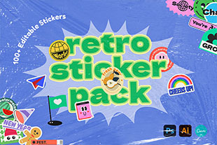 100款复古潮流趣味卡通Y2K贴纸标签设计素材AI矢量素材 Retro Sticker Pack Vol.4