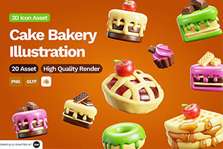 20个卡通蛋糕面包甜点3D图标Icons插图设计Blender模型&PNG素材 3D Cake Bakery Illustration