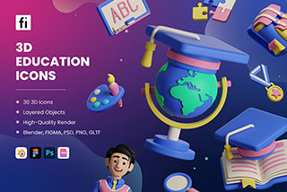 30个卡通创意学校教育知识研究图书馆3D图标Icons插图Blender模型&PNG素材 3D Education Icons