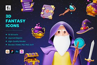 30个卡通魔法魔术巫师骑士游戏主题3D图标Icons插图Blender模型&PNG素材 3D Fantasy Icons