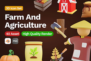 40个精美农村农场农业食物粮食农产品主题3D图标Icons插图Blender模型 3D Farm And Agriculture Ico