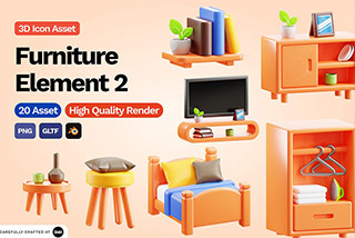 20个卡通家具元素3D立体图标Icons设计素材包Blender模型&PNG素材3D Furniture Element Icon Vol 2