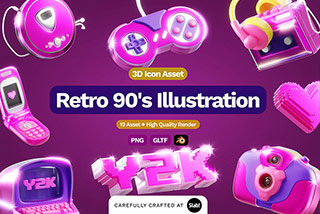 20个90年代复古粉色Y2K风格游戏3D立体图标Icons插图Blender模型&PNG素材 3D Retro 90’s Illustration