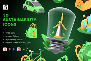 30个绿色新能源环保可持续发展3D图标Icons插图Blender模型&PNG素材 3D Sustainability Icons