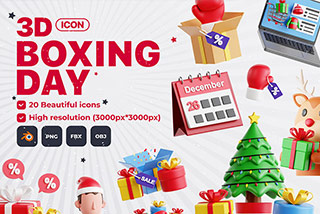 20个卡通趣味圣诞节主题假日节日3D图标Icons插图Blender模型&PNG素材 Boxing Day 3D Icon Set