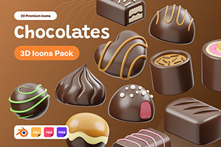 20个卡通巧克力糕点甜点3D图标Icons插图Blender模型&PNG素材 Chocolate 3D Icon