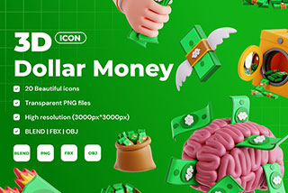 20个美钞美元纸币3D图标Icons插图Blender模型&PNG素材Dollar Money 3D Icon Set