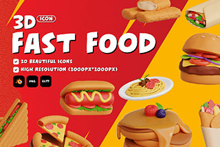 20款创意西餐汉堡快餐插图3D图标Icons插图Blender模型&PNG素材 Fast Food 3D Icon Se