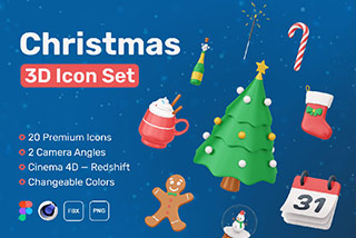 20个卡通圣诞节主题节日假日3D图标Icons插图Blender模型&PNG素材 Christmas 3D Icon Set
