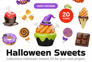 20个万圣节甜糖果食品 3D 图标Icons插图Blender模型&PNG素材 Halloween Sweet Candy Food 3D Icon