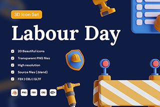 20个卡通劳动节主题3D图标Icons插图Blender模型&PNG素材 Labour Day 3D Icon Set