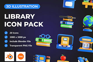 20个卡通学习教育图书馆3D图标Icons插图Blender模型&PNG素材 Library 3D Icon Pack