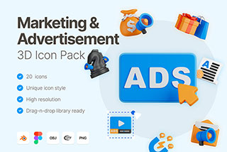 20个电商网络广告营销3D图标Icons插图Blender模型&PNG素材 Marketing & Advertisement 3D Icons