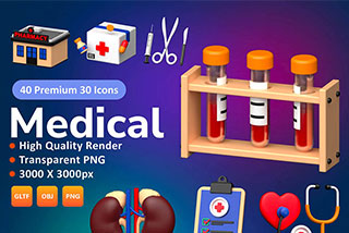 40个医院医疗诊断化验体检化学研究3D图标Icons插图Blender模型&PNG素材 Medical 3D icons Set