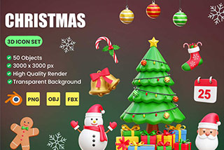 50个圣诞节主题雪人圣诞老人3D图标Icons插图Blender模型&PNG素材 Christmas 3D Icon Illustrations