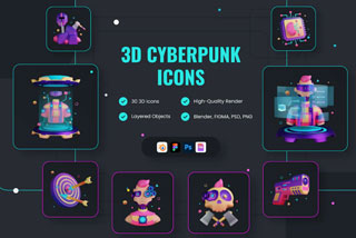 30个未来科幻赛博朋克 3D 插图包3D图标Blender模型&PNG素材 30 3D Icons Illustration Dystopia Futuristics