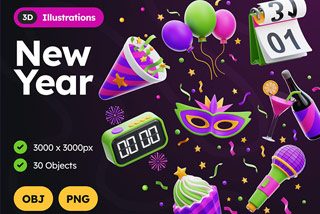 30个卡通新年节日庆祝插画插图3D图标Blender模型&PNG素材 New Year 3D Illustrations