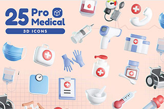 25个卡通趣味3D立体医院医疗诊断治疗icon图标Blender设计素材包 Pro Medical 3D Icons