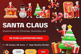 20款卡通创意圣诞节圣诞老人3D图标Icons插图Blender模型&PNG素材 Santa Claus 3D Icon Pack
