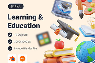 36款高级卡通学校教育知识研究学习插图3D图标Icons设计素材 School Education & Learning 3D Icon Pack