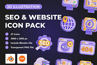 25个高级3D立体SEO网站营销优化图标Icons插图Blender模型&PNG素材 SEO & Website 3D Icon Pack