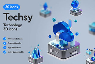 30个3D未来科幻金属数码科技赛博朋克立体插图插画Blender模型&PNG素材 Techsy Technology 3D Icons