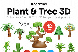 12个卡通创意植物树木3D图标Icons插画Blender模型&PNG素材 Tree And Plant 3D Icon