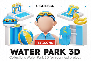 15个卡通水上乐园游泳装备3D图标Icons插画Blender模型&PNG素材Water Park 3D Icon