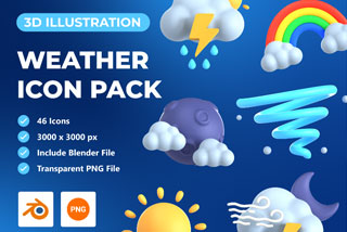 46款3D立体天气预报气象预告图标Icons插画Blender模型&PNG素材 Weather 3D Icon Set
