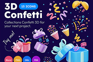 15个卡通圣诞节节日生日庆祝五彩纸屑装饰插图3D图标PNG素材&Blender模型 Confetti 3D Icon