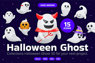 15款卡通万圣节幽灵3D图标Icons插图Blender模型&PNG素材 Cute Halloween Ghost 3D Icon