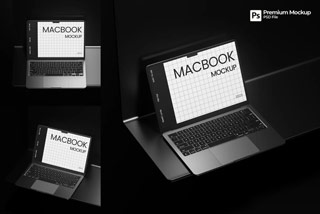 3款暗黑苹果MacBook笔记本电脑屏幕演示贴图PSD样机模板 Laptop Mockup
