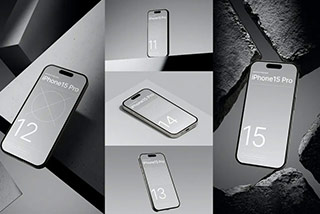 5款灰色背景iPhone 15 Pro屏幕演示贴图PSD样机模板 15 Pro – Bundle