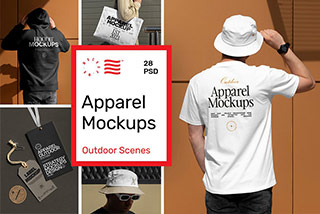 28款高级品牌VI设计服装T恤卫衣帆布包拎袋吊牌展示样机PSD素材 Outdoor Apparel Mockups