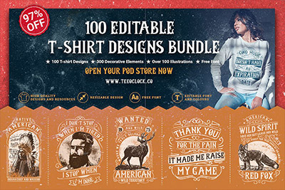 100款复古欧美风T恤半袖衫印花图案设计AI矢量图形素材 100 Editable T-shirt Designs