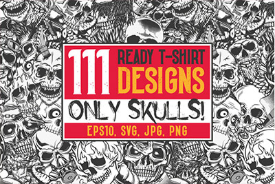 111款T恤印花图案设计头骨骷髅手绘插画插图AI矢量图 111 T-shirt Designs. Only Skulls