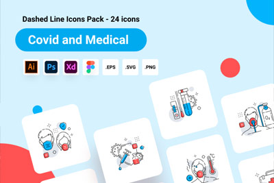 24个医疗健康app矢量虚线图标素材包