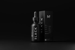 10款黑色风格化妆品药物滴管瓶包装盒设计展示效果PSD样机模板 Black Dropper Bottle + Box Mockups